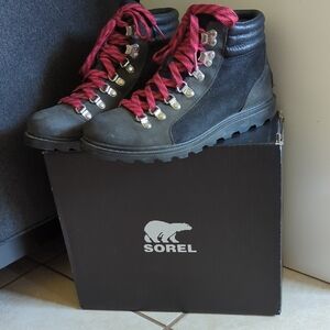 Sorel Black Suede Boots with Red Laces